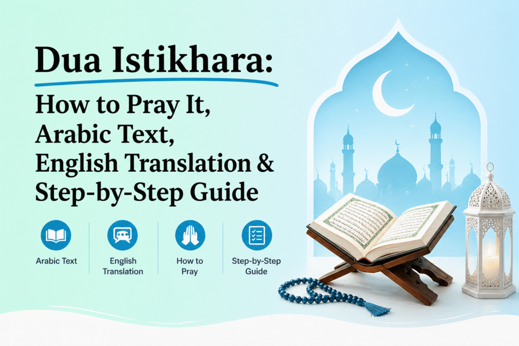 Dua Istikhara guide with Arabic text, English translation, step-by-step method, Quran, prayer beads, and Islamic lantern background.