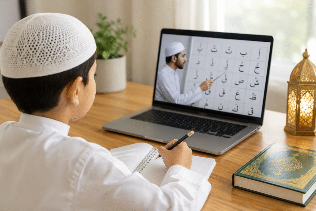 Child learning Noorani Qaida online with a Quran tutor through a live Arabic alphabet lesson on a laptop.