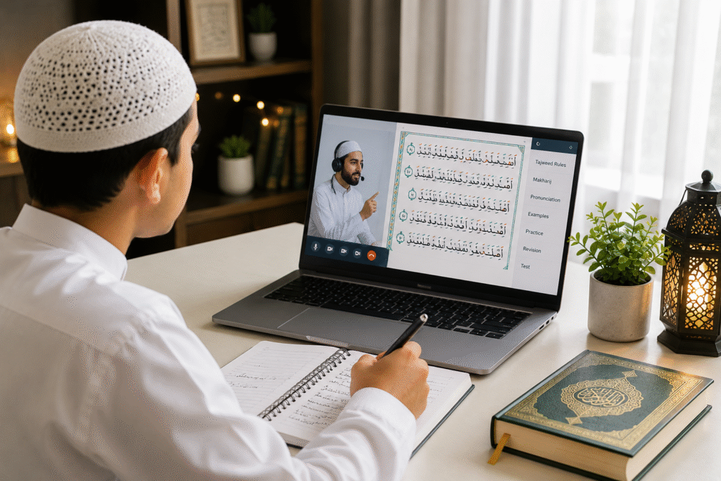 Student learning Quran with Tajweed online through personalised recitation and pronunciation lessons.